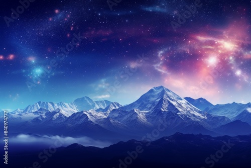Spectacular mountain range under a starry night sky with colorful cosmic nebulae in the background, evoking a sense of wonder and tranquility.