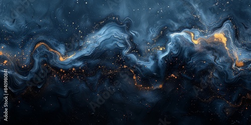 Dive into the enchanting beauty of the cosmos with this dark blue and gold abstract design, perfect for cosmic projects. Let the swirling patterns captivate the mystic energy of the universe
