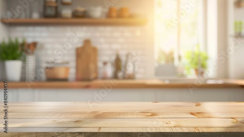 Modern Kitchen Interior with Wooden Countertop, Generative AI