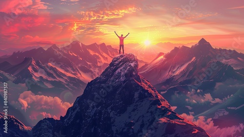 A lone figure stands triumphantly atop a mountain peak, arms raised in victory, as a vibrant sunset bathes the surrounding landscape in warm hues. Generative AI