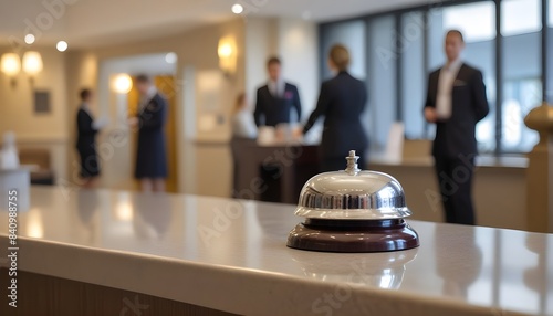 A silver service bell on a hotel reception desk, with blurred hotel staff in the background