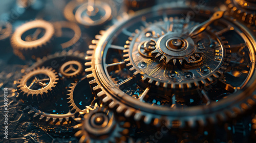 Steampunk gears and clock face, 3d render background illustration