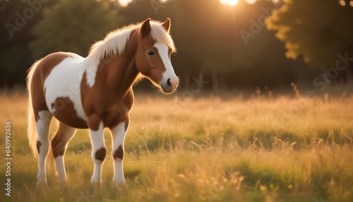 A small pony standing in a grassy field with a warm, golden light