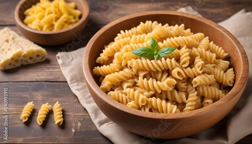 Cooked pasta fusilli in a wooden bowl , close-up view