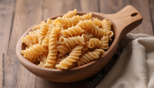 Cooked pasta fusilli in a wooden bowl , close-up view
