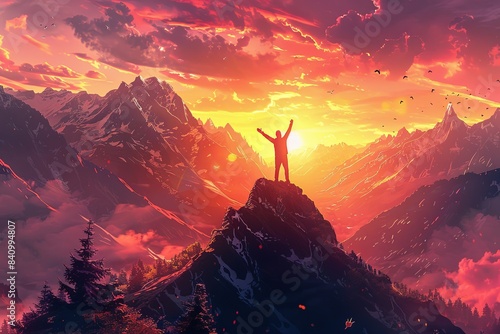 A lone figure stands atop a mountain peak, arms raised in victory, silhouetted against a vibrant sunrise over a majestic mountain range. Generative AI