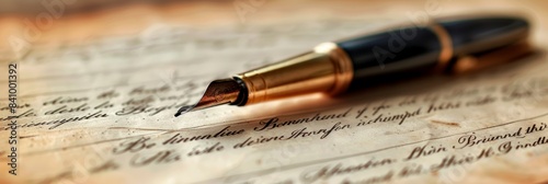 An intricately detailed close-up image of a luxurious fountain pen resting atop a vintage handwritten letter, symbolizing the timeless art of writing and personal correspondence