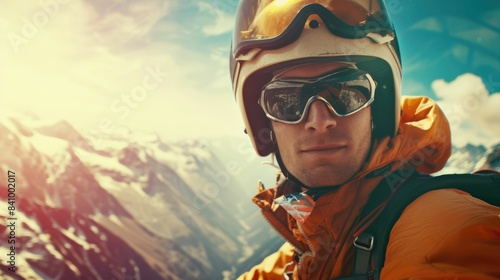 The picture of the caucasian male is prepare to paragliding from the peak of the mountain under the blue sky with cloud, the paragliding require skill paraglide knowledge and flight equipment. AIG43.