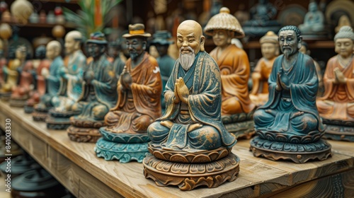 Artfully crafted statues of monks in vibrant colors and intricate detailing, displayed on a wooden shelf in a spiritual or cultural setting