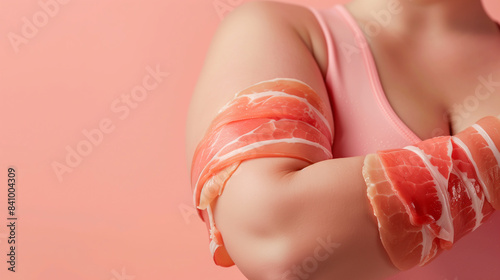 An obese woman, with an overweight body wrapped with raw sliced pork belly on upper arm, concept of health and high-fat eating with light background