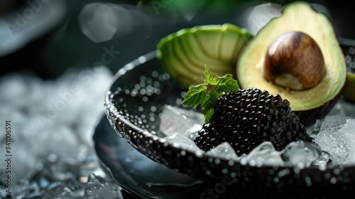 Black caviar served alongside half of an avocado and a ceramic sturgeon resting on a plate chilled with ice