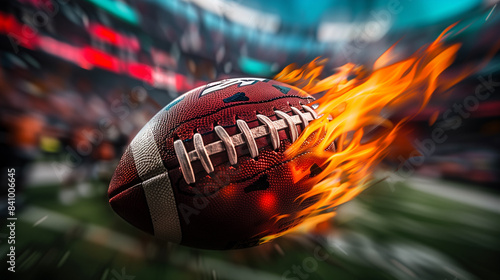 A close-up photo of a football ball on fire flying in the air