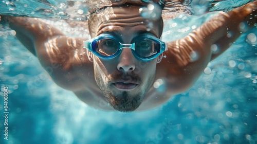 Close up view of man wearing swimming goggles, seen from underwater while swimming.