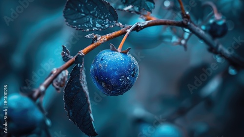 A single blue colored berry on a branch