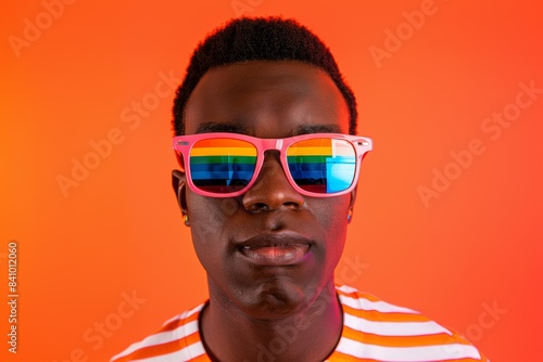 Portrait of a young Black man celebrating Pride with rainbow sunglasses