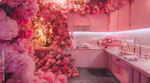 modern glamourous surreal dream-like kitchen with lots of pink flowers, and pink accesories, surreal