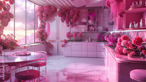 modern glamourous surreal dream-like kitchen with lots of pink flowers, and pink accesories, surreal