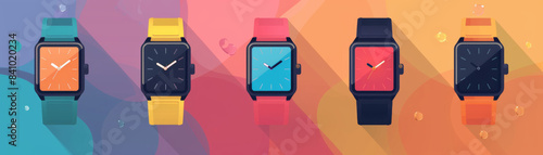 Colorful smartwatches on vibrant background. Modern wearable technology showcasing different designs and hues. Stylish digital devices.