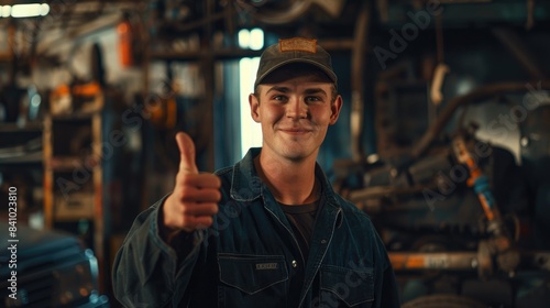 Young and attractive mechanic at an auto repair shop expressing joy while giving a thumbs up
