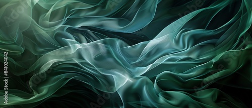 A dark abstract composition featuring layered, flowing ribbons in shades of green and blue, creating a sense of depth and fluidity