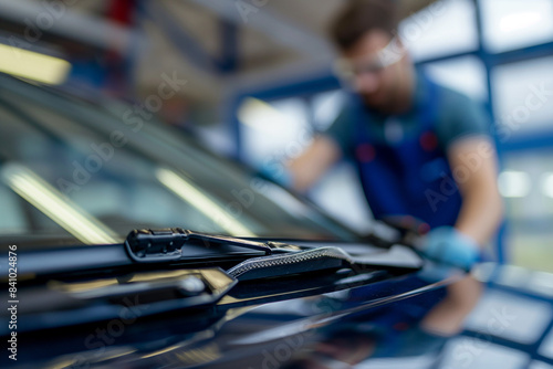 Close up of wiper blades being installed by technician in the background