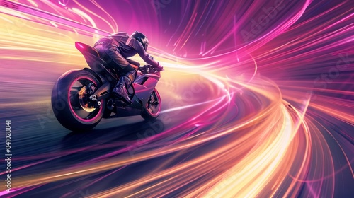 A man is riding a motorcycle on a track with a bright pink background