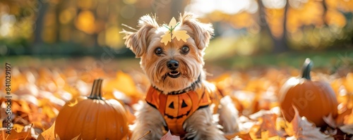 Small dog in Halloween pumpkin costume surrounded by pumpkins on autumn leaves.