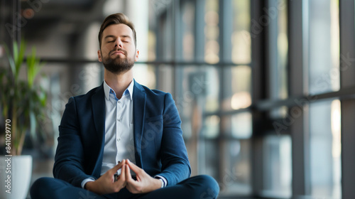 portrait of a businessman meditating in modern office to release stress and focus on work 