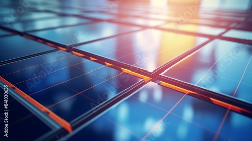 shot of solar panels reflecting the sun's rays, creating a dazzling display of light and color. The panels should be arranged in a neat grid, and the background should be clean and simple.
