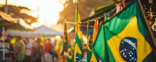 Brazilian flags hanging in an outdoor market at sunset