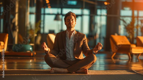 portrait of a businessman meditating in modern office to release stress and focus on work 