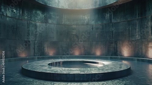 Cistern on Circular Stage with Centered Composition, Futuristic Techno Elements, Subtle Colors, and Ultra Fine Cubic Futurism Details