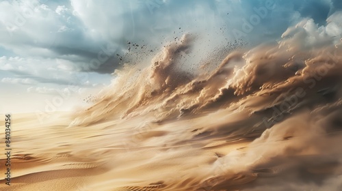 A stormy desert landscape with sand blowing across the dunes,