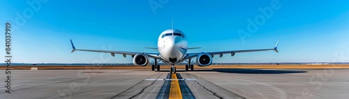 A Boeing 737 MAX airplane preparing for takeoff on the runway, clear sky, vibrant colors, highresolution aviation photography