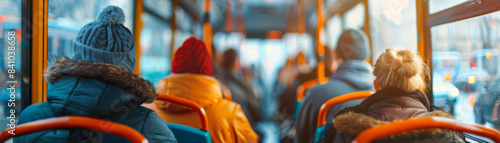 People in warm clothing riding a bus during winter. View from the back with sunlight streaming through the windows, creating a cozy atmosphere.