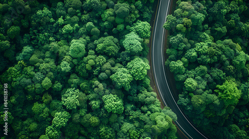 Aerial Top view Of Asphalt Road Through Green Forest, Generative Ai
