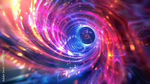 Multicolored vortex energy, cosmic digital background. Vibrant color gradients, swirling patterns, and dynamic movement.