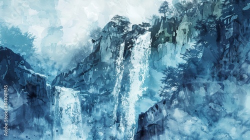 majestic waterfall cascading down a rocky cliff watercolor illustration
