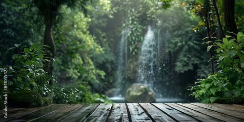 a wooden boardwalk leading to a waterfall surrounded by lush greenery , looking up at the waterfall