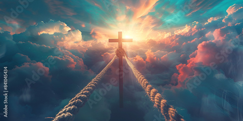 a ladder leading to a cross set against a backdrop of clouds and a bright sky