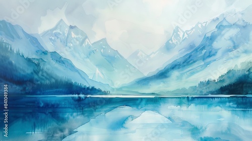 alpine lake surrounded by snow mountains watercolor painting
