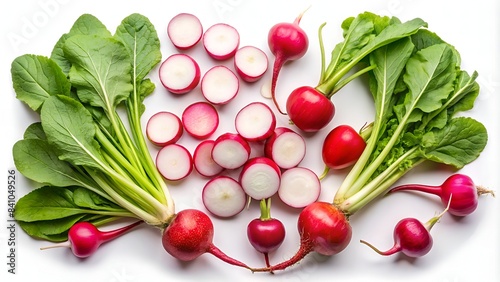 Fresh Radishes With Green Leaves Isolated On White Background.
