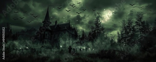 Eerie, dark forest with an old haunted house, bats flying in the night sky, creating a spooky and mysterious atmosphere.