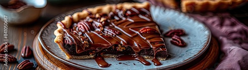 A mouth-watering slice of pecan pie drizzled with chocolate, perfect for dessert lovers. The rich texture and flavors make it irresistible.
