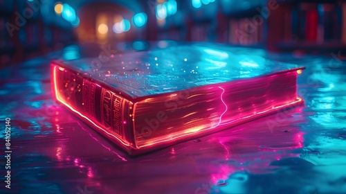 Glowing Textbook Abstraction with Neon Aqua and Red Lighting Reflected in Water Surface