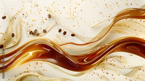 wave of splashing coffee with coffee beans, isolated on white
