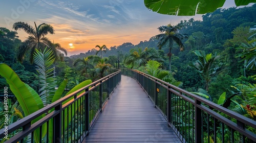 A scenic walkway elevated above a tropical rainforest floor, with panoramic views of lush greenery, diverse plant life, and occasional wildlife