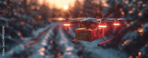Drone delivering package at sunset in winter