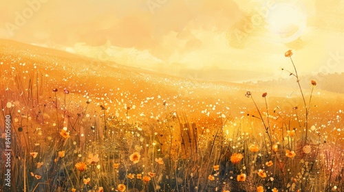 Rolling hills covered in wildflowers watercolor illustration