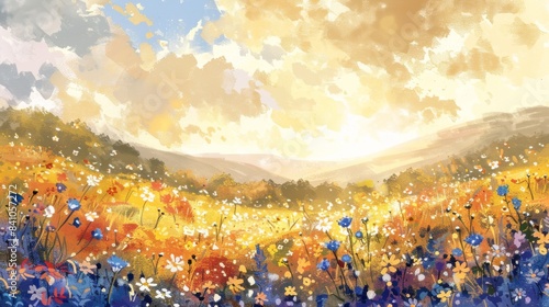 Rolling hills covered in wildflowers watercolor illustration